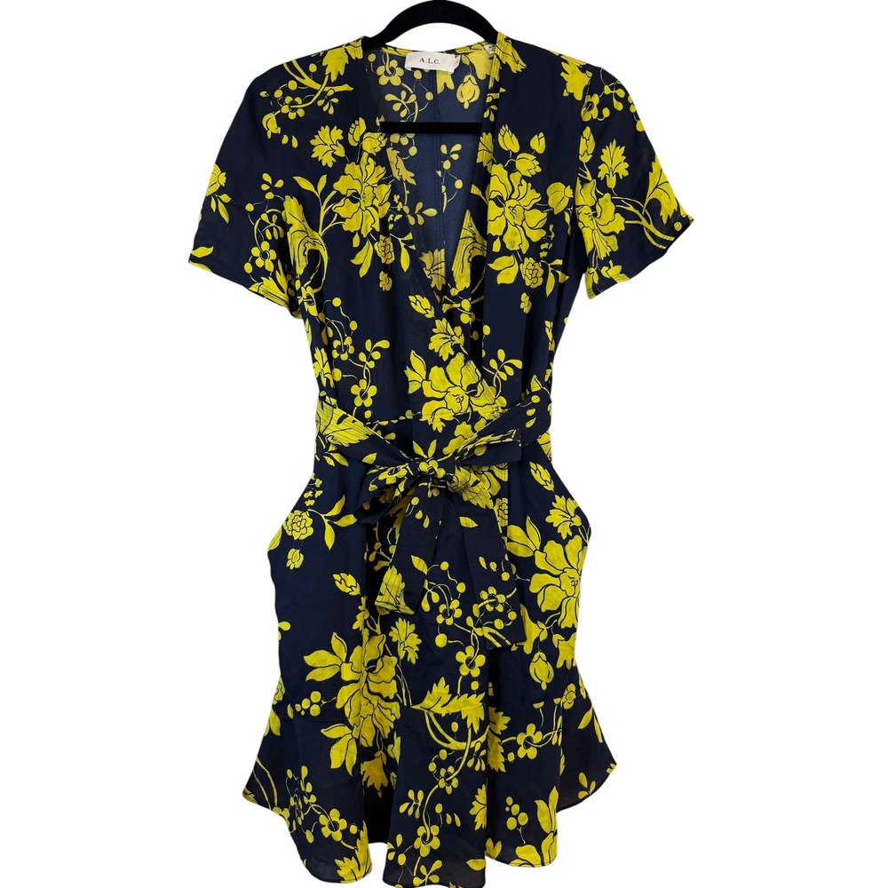 A.L.C. Navy Blue and Yellow Floral Wrap Mini Dress with Ruffle Hem Size 4